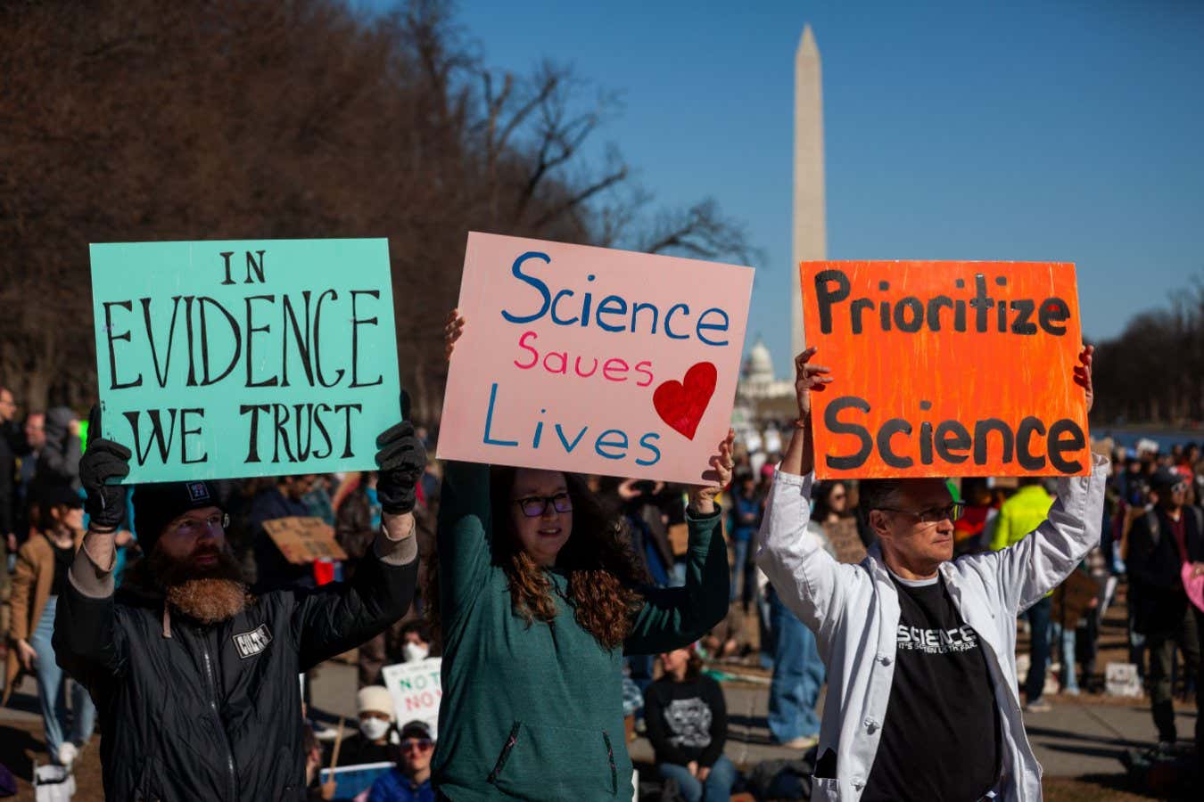 Mandatory Credit: Photo by Allison Bailey/NurPhoto/Shutterstock (15184551q) Thousands demonstrate for science and research funding, two areas that have been hit particularly hard by the Trump administration and Elon Musk's cuts via the Department of Government Efficiency, in Washington, on March 7, 2025. The demonstration at the Lincoln Memorial featured scientists, members of Congress, and music performers, among others. Thousands attend pro-science demonstration in Washington, DC, United States - 07 Mar 2025
