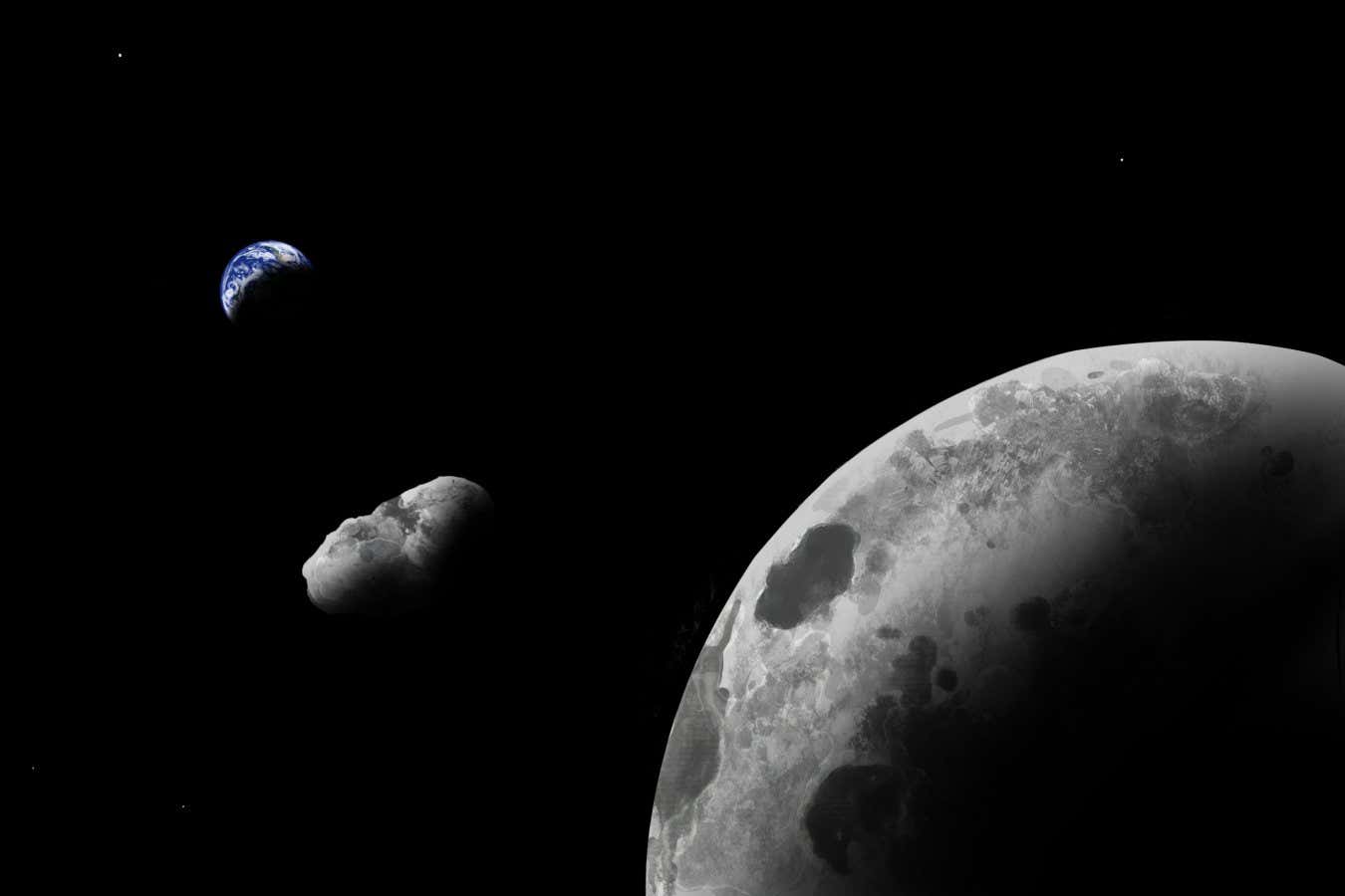 An artist impression of Earth quasi-satellite Kamo`oalewa near the Earth-Moon system. (Image credit: Addy Graham/University of Arizona)