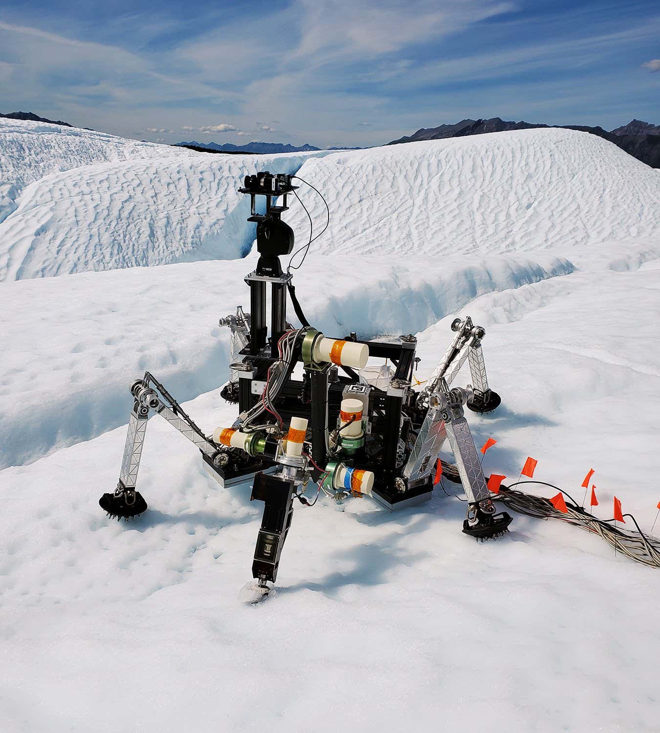 Caption The ICEPIC sampling tool drilling into the ice at sampling site A of the Matanuska Glacier, AK, field trial. Credit NASA/JPL-Caltech